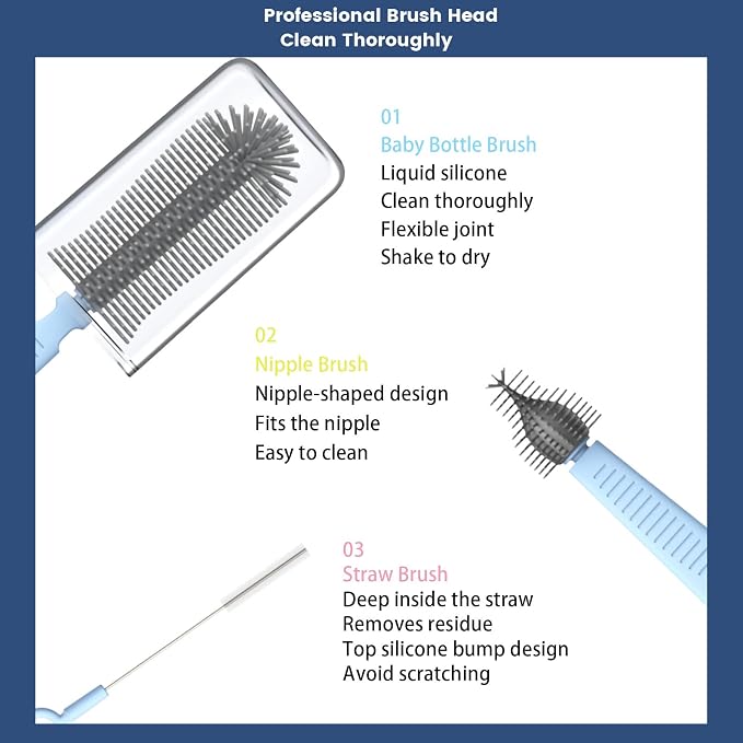 Travel Bottle Cleaner Kit, Silicone Baby Bottle Brush Set with Bottle Brush, Drying Rack, Nipple Brush,Straw Brush,Soap Dispenser, Portable Baby Bottle Brush Cleaner for Home and Travel,Blue