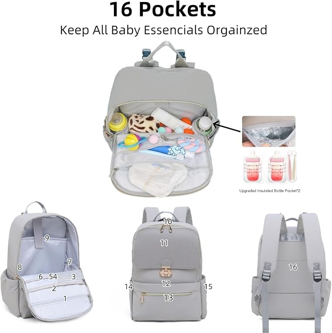 Baby Diaper Bag Backpack Medium Baby Bag with Laptop Compartment, Travel Backpack Purse Stylish Compact Baby Bag with Insulated Pockets (Gray)