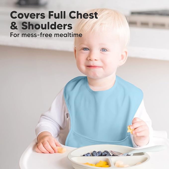 KeaBabies 3-Pack Waterproof Baby Bibs for Eating - Baby Silicone Bibs - Lightweight Baby Bib with Food Catcher - Waterproof, Easy Wipe Silicone Bib for Babies, Toddlers - Mess Proof Toddler Bibs