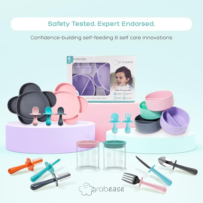 Grabease Silicone Portion Control Plate - No-Mess Baby Suction Dinner Set - Baby-Led Weaning Supplies & Silicone Feeding Set - Sectioned Plate & Toddler Dinnerware - Lavender, 4-Piece Kit