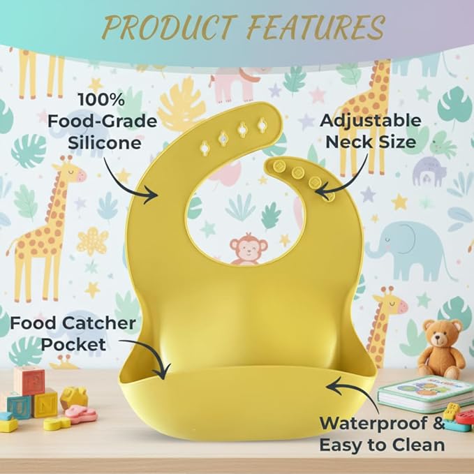 Silicone Baby Feeding Bibs ??Waterproof, BPA-Free, Soft & Adjustable with Crumb Catcher ??Easy to Clean