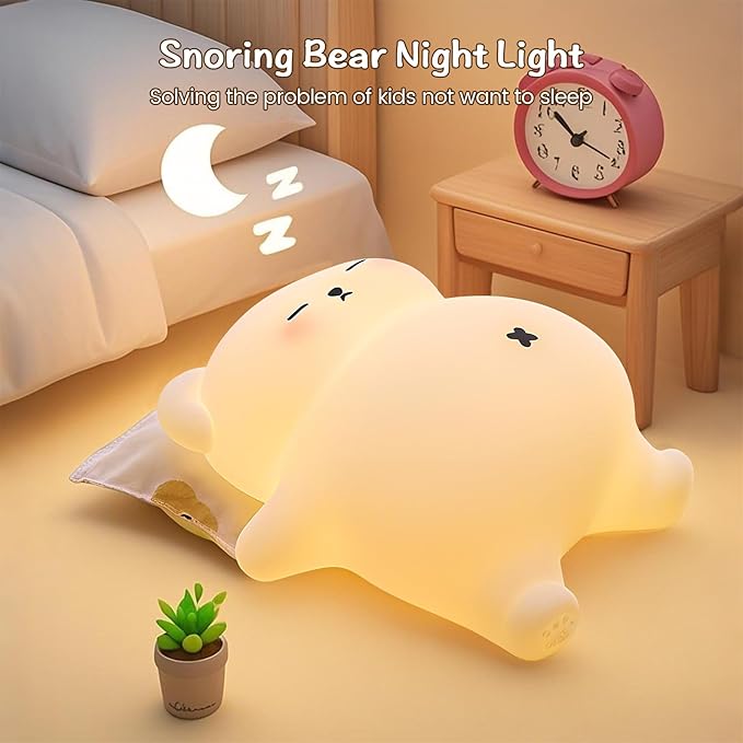 Sleepy Snoring Bear Night Light,Novelty Nursery Nightlight for Kids, Dimmable/Timer/Rechargeable USB-C, Food-Grade Silicone LED Squishy Animal Bedside Lamp,Funny Gifts for Boys Girls Baby,Room Decor