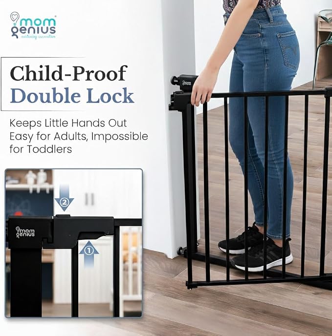 Pressure Mounted Baby Gate for Stairs, Extra Wide 29-48.8 Inch Adjustable, Auto-Close, Double Lock, 29.9" Tall Metal Dog Gates for Doorways, Kitchen & Hallways, CPC & CE Certified, Black