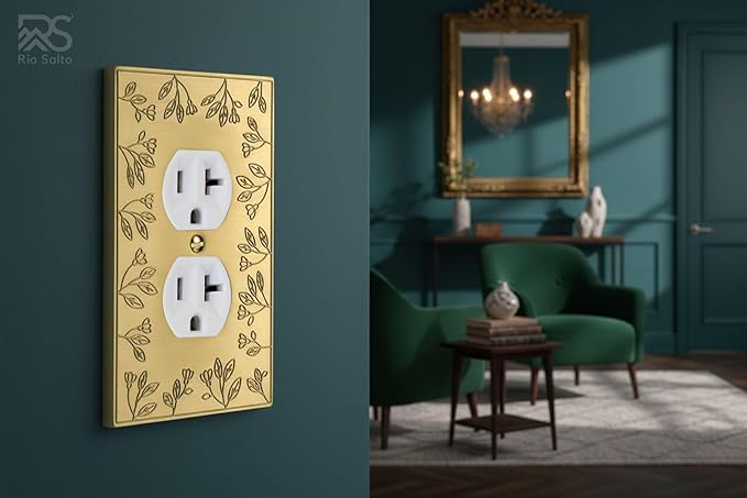 Rio Salto Flower Collection Single Gang Duplex 8 Pack ??Brushed Brass Gold Metal Outlet Cover, Light Switch Covers Decorative Midsize 5" x 3.13" Plug Cover Plate, Luxury Artisanal Premium Wall Plate