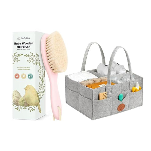 KeaBabies Baby Hair Brush and KeaBabies Diaper Caddy Organizer - Wooden Brush with Soft Goat Bristles, Organizer for Nursery, Cradle Cap Hairbrush