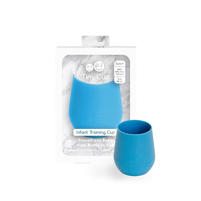 ezpz Tiny Cup (Blue) + Tiny Spoon (2 Pack in Pewter) - baby essentials, cup and spoon