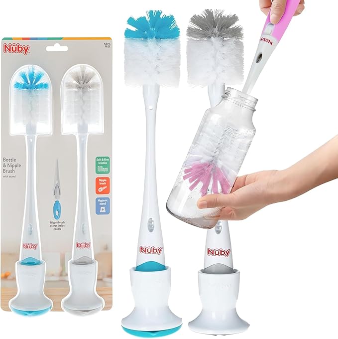 Nuby Bottle and Nipple Brush with Soft Bristles and Stand | 2 Pack: Blue & Grey | Bottle & Nipple Accessory Cleaning Brush with Drying Stand
