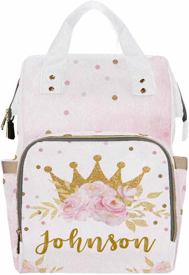 InterestPrint Personalized Backpack with Name, Golden Crown Flower Custom Diaper Bag Mommy Nappy Bag Fashion Shoulder Bag Casual Daypack Multi-Function Bag for Travel