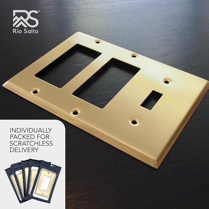 Rio Salto BRASS Metal 3-Gang Gold Outlet Cover or Light Switch Cover Wall Plate, Rocker Toggle Triple Combination Plate Wallplate Covers STANDARD SIZE (2 Rocker 1 Toggle Combo)