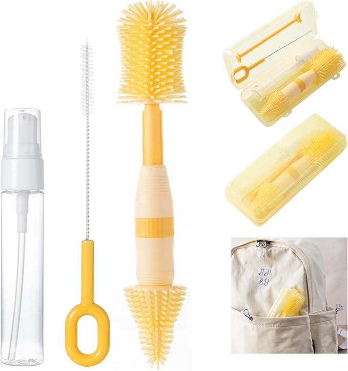 Travel Bottle Brush, 6-in-1 Portable Travel Bottle Cleaner Kit with Small Bottle Brush Built in Drying Rack, Nipple Brush, Straw Brush, Soap Dispenser, for Baby Bottles Under 8 OZ, BPA-Free(Yellow)