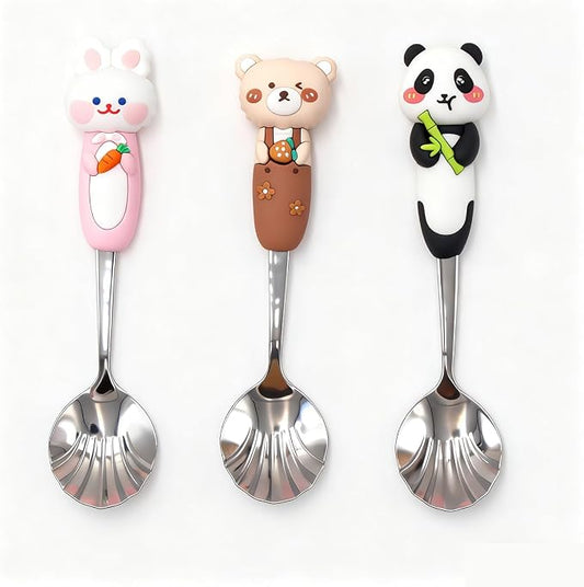 Cute Animal Design Stainless Steel Shell Spoons, Silver and White, Kids Tableware with Decorative Panda and Bear Handles, 3 Pack