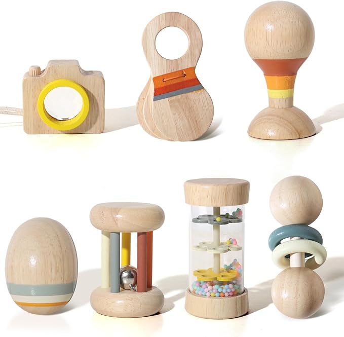 Wooden Baby Rattle Set, 7-in-1 Montessori Toys for Infants 0-6 Months, Moonkie Natural Wooden Baby Toys with Sensory Musical Instruments & Storage Bag