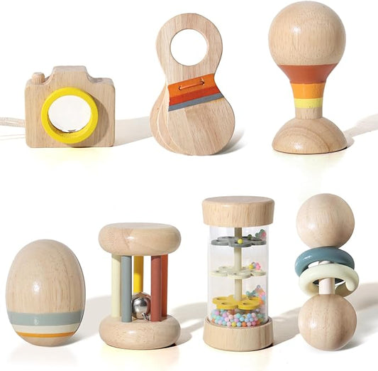 Wooden Baby Rattle Set, 7-in-1 Montessori Toys for Infants 0-6 Months, Moonkie Natural Wooden Baby Toys with Sensory Musical Instruments & Storage Bag