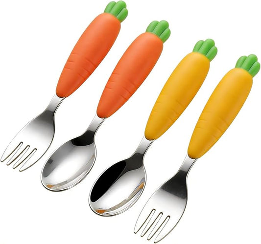 Toddler Fork and Spoon Utensil Set, 4 Pack, Carrot Set | with Case, Silicone handle, 304 Stainless Steel