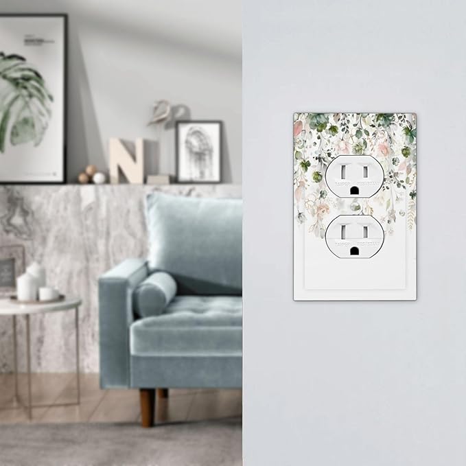 Green Pink Floral Flower Rustic Eucalyptus Leaves Wildflower Outlet Covers 1 Gang Duplex Light Switch Cover Decorative Switch Plates Electrical Receptacle Faceplate Wall Plate for Bedroom Living Room