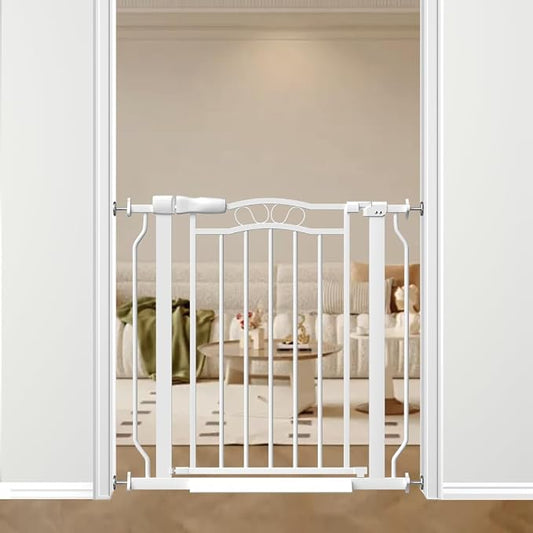 30" Tall Metal Narrow Baby Gate for Doorways No Drill 29.5-33.8" Wide, Auto Close Press Mounted Baby Gate Indoor for Kids, Walk Through Dog Gates for Stairs, White