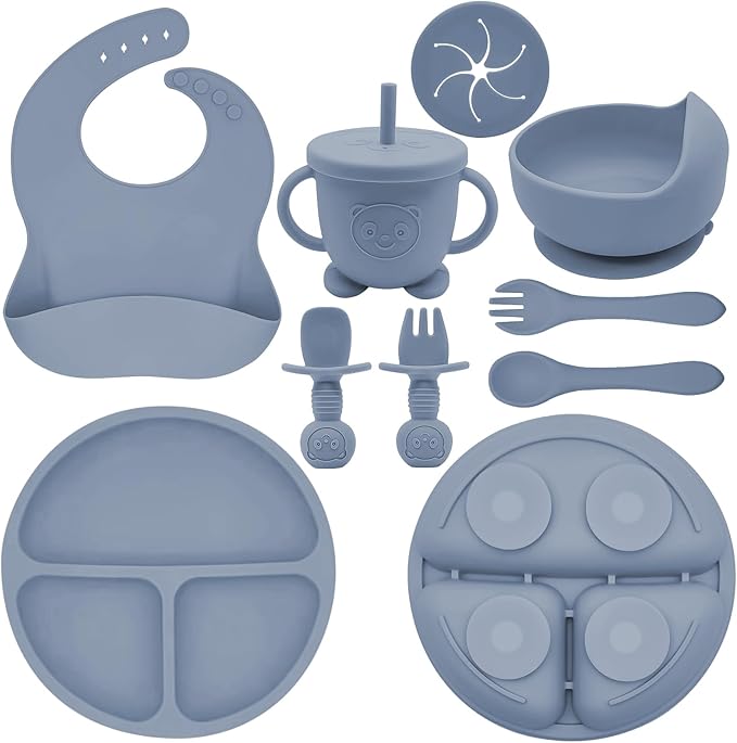 Silicone Baby Feeding Set | Baby Led Weaning Supplies Includes Suction Bowls and Divided Plates, Adjustable Bib, Baby Utensils Spoons and Forks,Cup | Baby Feeding Essentials (Blue Gray)