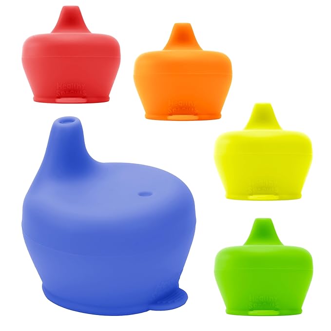 Healthy Sprouts Silicone Sippy Cup Lids - Spill Proof, Fits Any Cup, BPA-Free, Durable & Soft for Babies & Toddlers, Quick to Attach - 5 Pack Silicone Lids for Cups (Red, Blue, Yellow, Green, Orange)