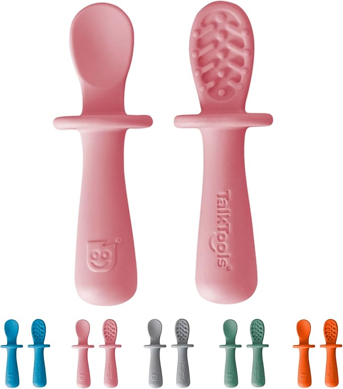 TalkTools ITSY Tiny Silicone Spoons ??Twin Pack Soft Silicone Self-Feeding Training Spoons for Kids & Toddlers, Anti-Choking Flange Guard and Non-Slip Handle (Bubblegum)
