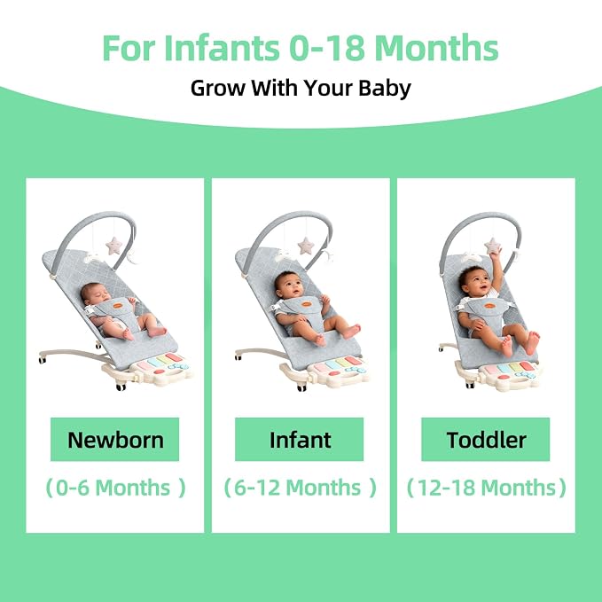 Portable Baby Bouncer Seat 0-18 Months,Detachable Piano & Hanging Toys,3-Level Recline (Rock/Fix),Foldable with Quiet Wheels,Baby Shower