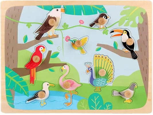 Montessori Wooden Peg Puzzle Birds, Fine Motor Skills Training Puzzle for Preschool Kids