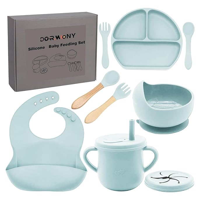 100% Silicone Baby Feeding Set,BPA Free Baby Dishes Set with Suction Bowl Divided Plate,Toddler Self Feeding Dish Set with Spoons Forks Sippy Cup and Bib, Baby Eating Utensils(Light Blue)