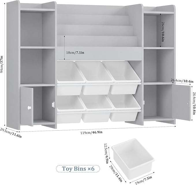 FINETONES Toy Storage Organizer with 6 Toy Bins, Toy Organizer Kids Bookshelf with 6 Cubbies, Toy Organizers and Storage Bins, Playroom Storage and Toy Chest, Grey