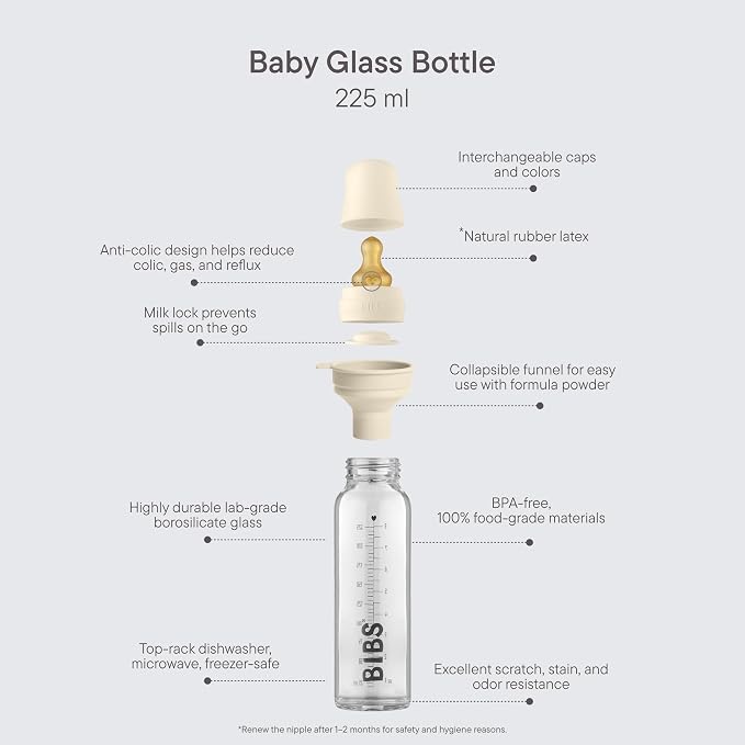 BIBS Baby Glass Bottle. Anti-Colic. Round Natural Rubber Latex Nipple. Supports Natural Breastfeeding, Complete Set - 225 ml, Baby Blue
