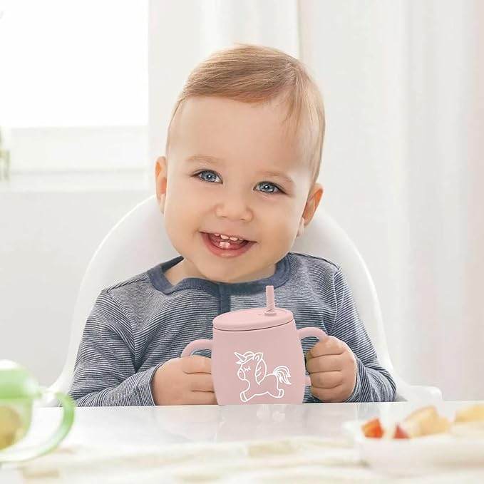 Silicone Straw Cup with Handles,2 PACK Silicone Baby Sippy Cups,Snack Cups for Toddlers,Dual-Purpose Toddler Training Cups,3 Stages Training Cup Dishwasher Safe and BPA Free 9 oz (PINK+BLUE)