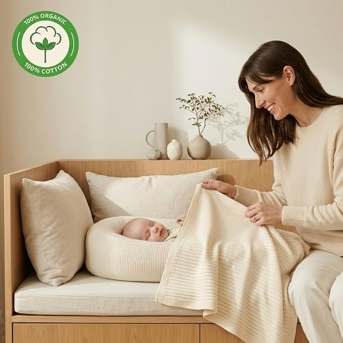 100% Organic Cotton Knit Receiving Baby Boy Blanket for Newborns - Soft, Breathable Swaddle Blanket for Crib & Stroller - Nursery Gift 2-Pack (Ribbed Ivory & Baby Blue)