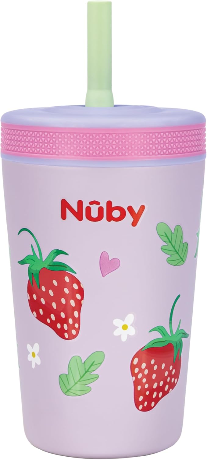 Nuby Thirsty Kids Insulated Toddler Cup with Silicone Flexstraw - 12 oz - Stainless Steel and Leak-Resistant - 18+ Months - Strawberries