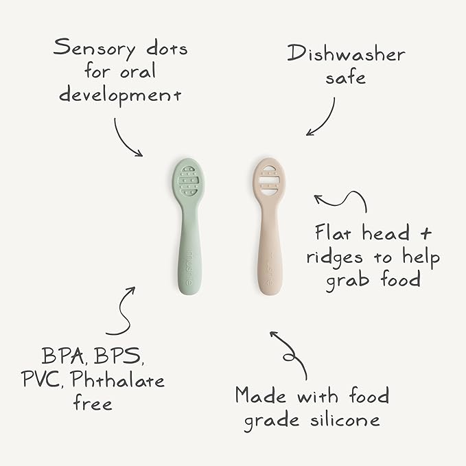 mushie Silicone First Feeding Baby Spoons | 2 Pack (Powder Blue/Shifting Sand)