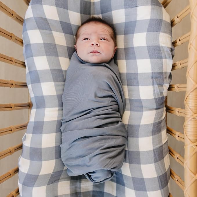 Mebie Baby Dusty Blue Stretch Swaddle Blanket, Modern and Neutral Baby Blanket for Newborns (0-3 Months), Comfy Wrap, Baby Essentials & Gifts (47" x 47")