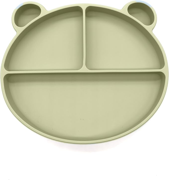 Silicone Baby Feeding Set, Toddler Feeding Set With Divided Suction Plate Bowl Spoons Forks Sippy Cup Adjustable Bib Non Slip Mat, Baby Eating Utensils, Bear Shape, 7-Piece, (Green)