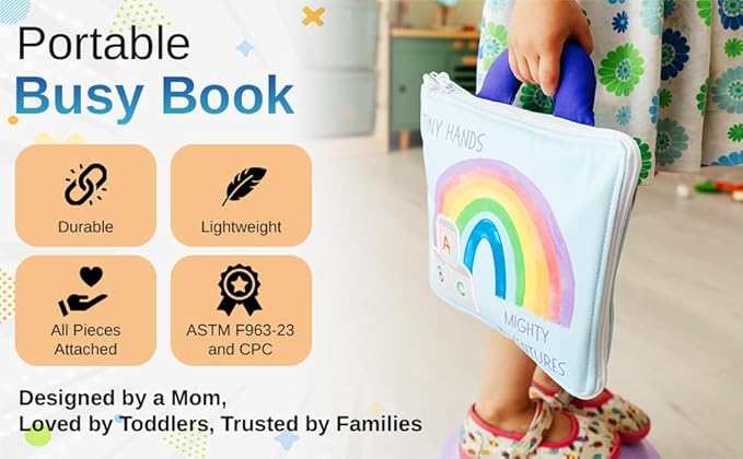 Busy Book for Toddlers 1-3 - No Loose Pieces - Montessori Toys for 1, 2, 3 Year Olds - Mess-Free Airplane Quiet Board Travel Toy - Educational Busy Board & Soft Toddler Activity Book