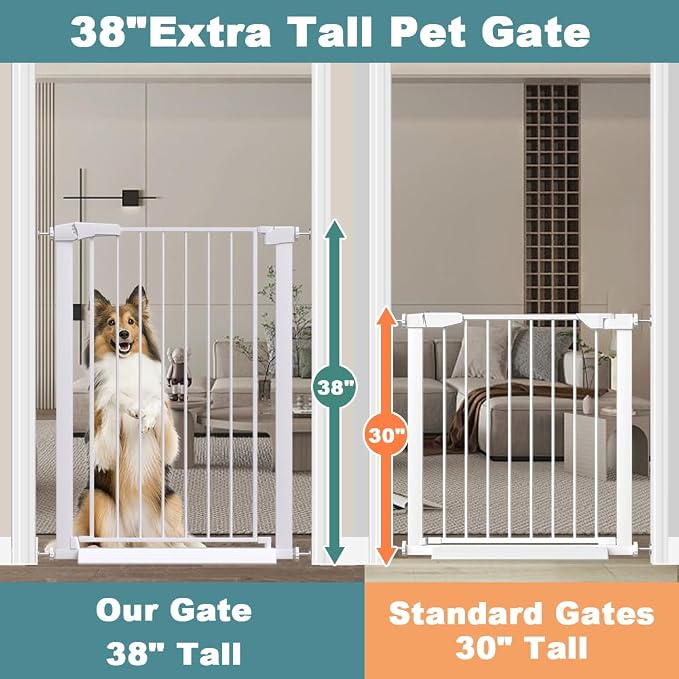 Fairy Baby 24.5"-29.5" Inch Narrow Baby Gate, 38" Extra Tall Small Pet Gate for Doorways, Metal Safety Child Gate Auto Close, Walk Through Dog Gates Pressure Mounted Indoor No Drill, White