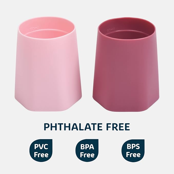 Tiny Twinkle Training Cup 2 Pack - Silicone Cups for Independent Drinking for Baby and Toddler, Baby Led Weaning Supplies Soft Open Cup For Baby (Pink, Burgundy)