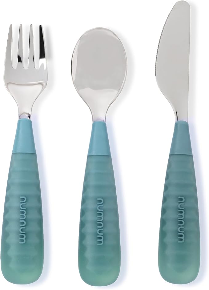 NumNum Toddler Utensils Set, 4th Stage Kids Silverware for 2+ Years, Pre-Spoon, Fork, Spoon & Knife GOOtensils with Stainless Steel Heads, BPA-Free Silicone Toddler Feeding Essentials, 3-Pack Green