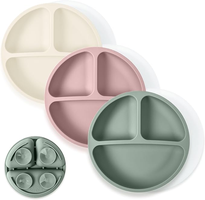 WeeSprout Suction Plates with Lids for Babies & Toddlers - 100% Silicone, Dinnerware Stays Put, Divided Design for Picky Eaters, Microwave & Dishwasher Friendly, 3 Pack