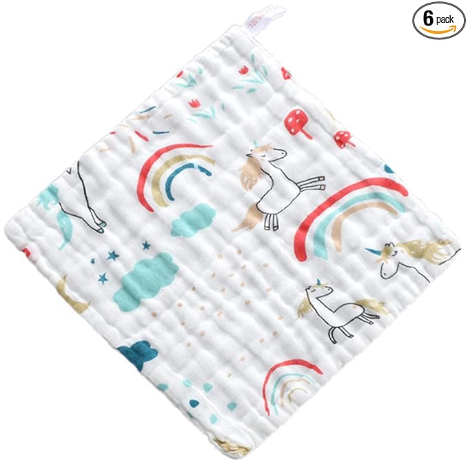 6 Layers of Baby Washcloths Natural Muslin Cotton with Cartoon Printed Design, Newborn Baby Face Towel Perfect Gifts Set of 6, Extra Soft, Breathable, 10x10 Inches (Rainbow Horse)