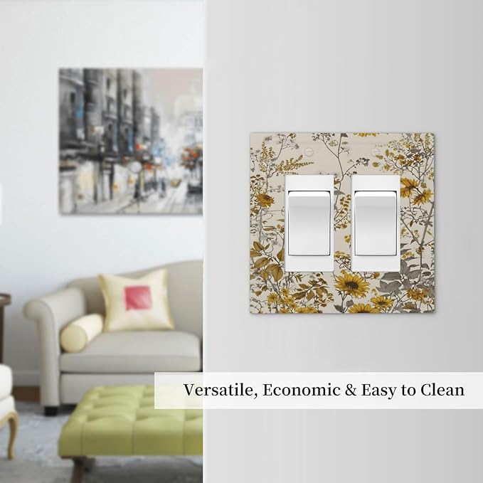 Boho Wildflowers Daisies Sunflowers Plant Floral Decorative Outlet Covers 2 Gang Double GFCI Rocker Electrical Wall Panels Light Switch Cover Plate for Bedroom Living Room Decor