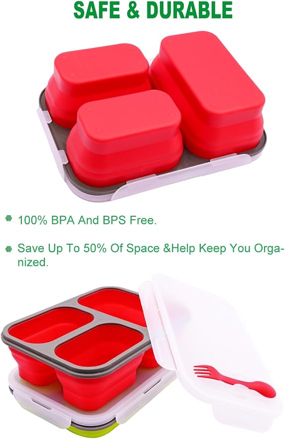 2 Pack Big Size Collapsible Silicone Bento Lunch Boxes With Lids Spoons Forks,3 Compartments, Divided Lunch Food Storage Containers, Safe in Microwave, Dishwasher and Freezer, 45.6oz, BPA Free