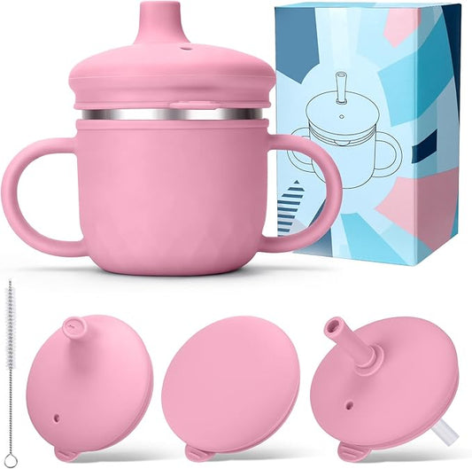 BUSOHA Stainless Steel Toddler Sippy Cup ??8oz Spill-Proof Straw Cup for 6+ Month Babies & Toddlers, 3-in-1 Reusable Travel Cup with Brush ??Dishwasher Safe, Kids Drinking Cup, Pink