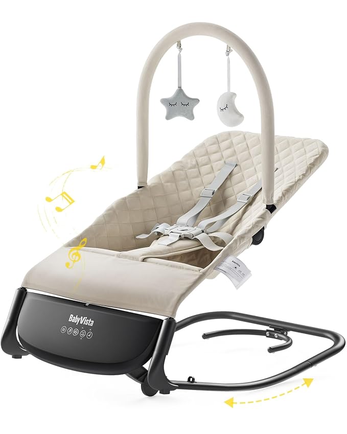 Electric Baby Bouncer Seat with Auto Rocking, 3-in-1 Infant Bouncer & Rocker Chair, Adjustable Height, Battery or Plug-in Powered, Music & Play Bar, Portable Baby Bouncer for Babies 0-12 Months