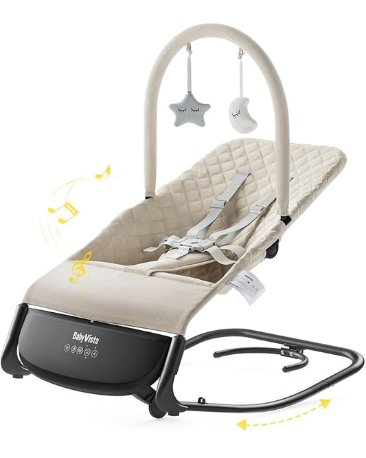 Electric Baby Bouncer Seat with Auto Rocking, 3-in-1 Infant Bouncer & Rocker Chair, Adjustable Height, Battery or Plug-in Powered, Music & Play Bar, Portable Baby Bouncer for Babies 0-12 Months