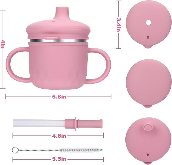 BUSOHA Stainless Steel Toddler Sippy Cup ??8oz Spill-Proof Straw Cup for 6+ Month Babies & Toddlers, 3-in-1 Reusable Travel Cup with Brush ??Dishwasher Safe, Kids Drinking Cup, Pink