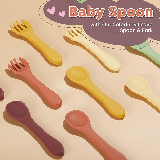 10 Pieces Baby Led Weaning Spoons and Forks Set Infant Silicone Spoon First Self Feed Baby training Utensils for Toddler First Stage Feeding Supplies for Kids Over 6 Months, 5 Pairs (Classic Colors)