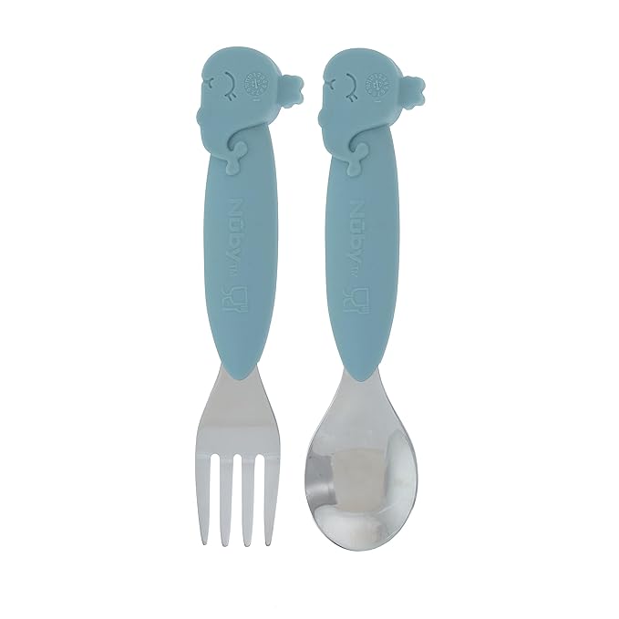Nuby Animal Friends Silicone and Stainless Steel Fork and Spoon Set - 12+ Months - Blue Whale