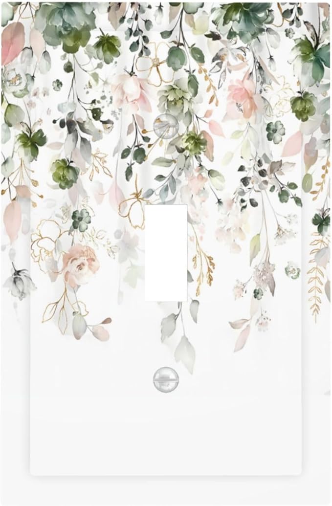 Green Pink Floral Flower Rustic Eucalyptus Leaves Wildflower Decorative Light Switch Cover 1 Gang Single Toggle Device Electrical Faceplate Switchplates Decorator Outlet Wall Plate for Bedroom Home