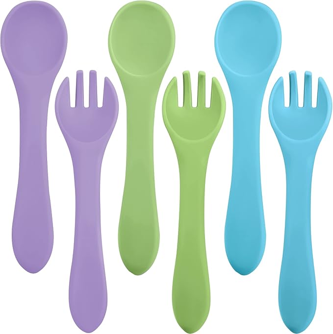 Nuenen 6 Pieces Silicone Baby Feeding Forks and Spoons Set Hot Safety First Stage Self Feeding Supplies Mini Kids Utensils for over 6 Months Babies Boy Girl Toddlers First Foods (Primary Color)